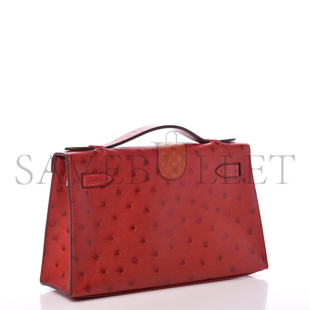 HERMÈS MASTER KELLY POCHETTE BAG ROUGE VIF RED OSTRICH CLUTCH GOLD HARDWARE (22*14*7cm)
